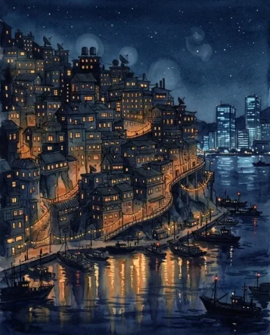 Fantasy Watercolor Hillside Harbor City 6 — Nano Banana AI Prompt: The tightly stacked buildings are painted in deep blue-grey and dark indigo wash...