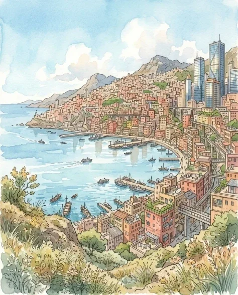 Fantasy Watercolor Hillside Harbor City 7