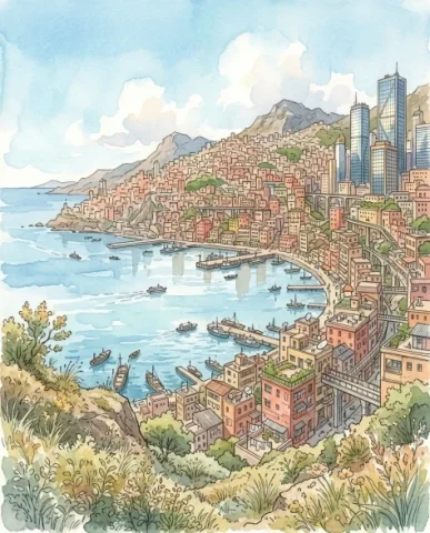 Fantasy Watercolor Hillside Harbor City 7 — Nano Banana AI Prompt: The viewer's vantage point includes foreground vegetation — wild grasses and flo...