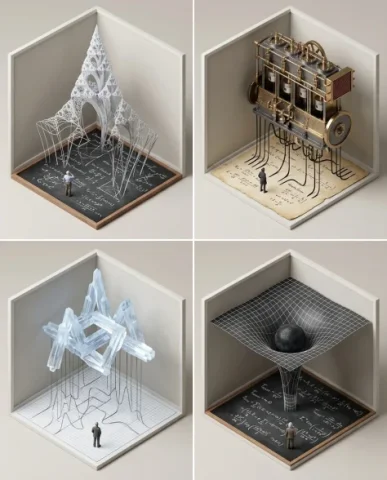 Scientific Theory as 3D Isometric Sculpture 1 — Nano Banana AI Prompt: Top-left panel: Chaos Theory — a slate blackboard dense with chalk equations, th...