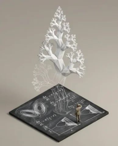 Scientific Theory as 3D Isometric Sculpture 2 — Nano Banana AI Prompt: The chalk lines physically lift off the blackboard surface — at the base they ar...
