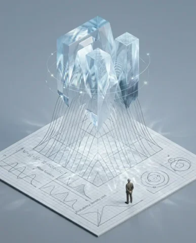 Scientific Theory as 3D Isometric Sculpture 4 — Nano Banana AI Prompt: The pencil lines physically lift off the graph paper — at the base they are thin...