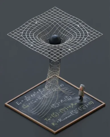 Scientific Theory as 3D Isometric Sculpture 5 — Nano Banana AI Prompt: Riemann curvature notation in white and yellow chalk with dust smudges. The chal...