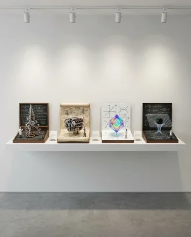 Scientific Theory as 3D Isometric Sculpture 7 — Nano Banana AI Prompt: Each sculpture sits on its own notation base — the blackboard with fractal spire...