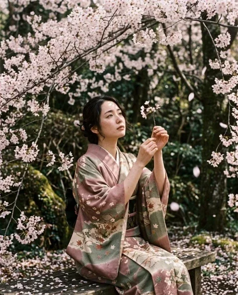 Woman in Vintage Kimono Under Cherry Blossoms 1