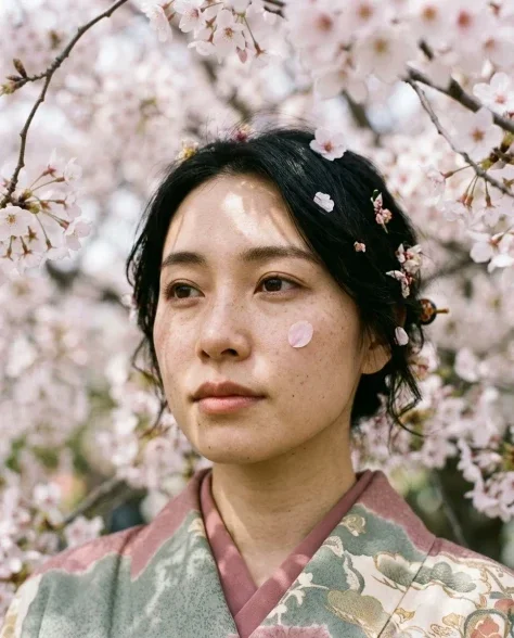 Woman in Vintage Kimono Under Cherry Blossoms 2