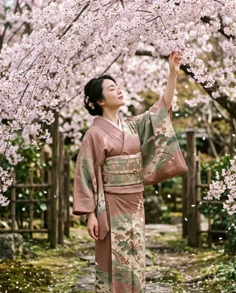 Woman in Vintage Kimono Under Cherry Blossoms 3