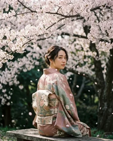 Woman in Vintage Kimono Under Cherry Blossoms 4 — Nano Banana AI Prompt: Japanese woman wearing a vintage kimono in muted dusty rose and sage tones, phot...