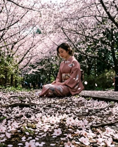 Woman in Vintage Kimono Under Cherry Blossoms 6 — Nano Banana AI Prompt: The foreground is a carpet of fallen pale pink cherry blossom petals on dark ear...