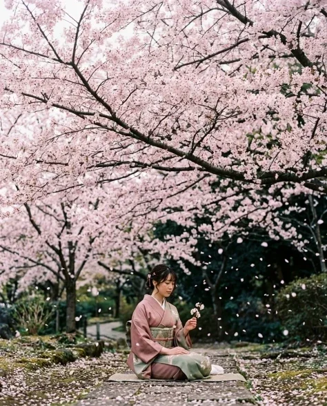 Woman in Vintage Kimono Under Cherry Blossoms 7