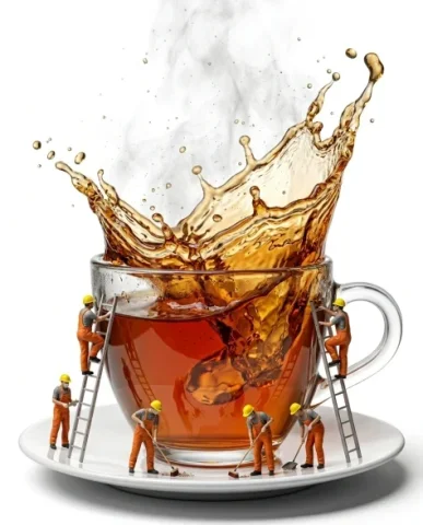 Macro Product Shot of Teacup with Miniature Workers 1 — Nano Banana AI Prompt: An ultra-realistic 8K macro product shot against a pure white background. A gian...