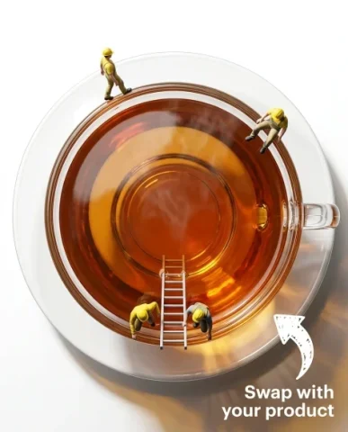 Macro Product Shot of Teacup with Miniature Workers 3 — Nano Banana AI Prompt: Four tiny construction workers in canary-yellow safety helmets are positioned ar...