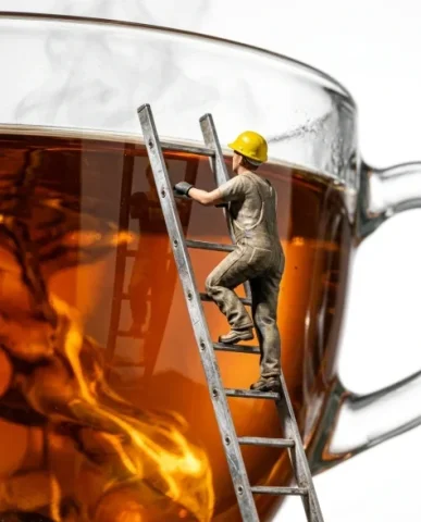 Macro Product Shot of Teacup with Miniature Workers 4 — Nano Banana AI Prompt: Ultra-realistic 8K extreme macro close-up of a single tiny construction worker i...