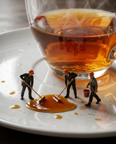 Macro Product Shot of Teacup with Miniature Workers 6 — Nano Banana AI Prompt: Ultra-realistic 8K macro product shot from a side angle capturing the exact mome...