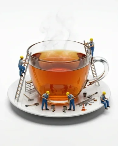Macro Product Shot of Teacup with Miniature Workers 7 — Nano Banana AI Prompt: Three tiny construction workers in canary-yellow safety helmets work on the sauc...