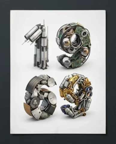 3D Typographic Sculptures of Historical Inventions 1 — Nano Banana AI Prompt: Top-down photograph of a printed poster lying flat on a dark charcoal matte surf...