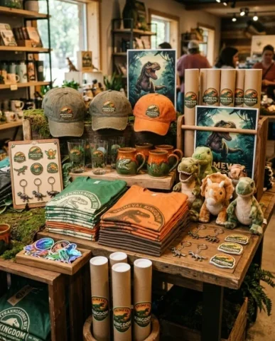 Themed Gift Shop Merchandise Table Display 1 — Nano Banana AI Prompt: Hyper-realistic product photography of a beautifully arranged merchandise table...