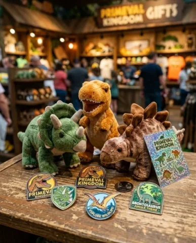 Themed Gift Shop Merchandise Table Display 2 — Nano Banana AI Prompt: Hyper-realistic close-up product photography of a cluster of plush mini dinosaur...