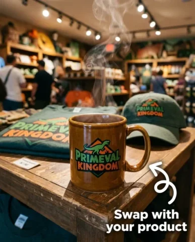Themed Gift Shop Merchandise Table Display 3 — Nano Banana AI Prompt: Hyper-realistic product photography of a single Primeval Kingdom branded ceramic...