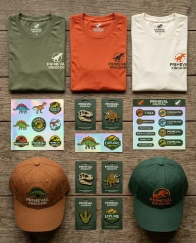 Themed Gift Shop Merchandise Table Display 4 — Nano Banana AI Prompt: Hyper-realistic overhead flat-lay product photography of Primeval Kingdom mercha...