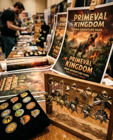 Themed Gift Shop Merchandise Table Display 6 — Nano Banana AI Prompt: Hyper-realistic wide product photography showing the complete Primeval Kingdom m...