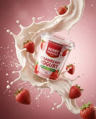 Ultra-Realistic Yogurt Product Photography with Splash 1 — Nano Banana AI Prompt: The creamy white liquid forms elegant splash waves that arc and curl around the...