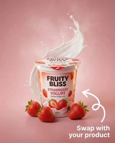 Ultra-Realistic Yogurt Product Photography with Splash 3 — Nano Banana AI Prompt: Creamy white liquid forms elegant splash waves that arc and curl around the cup...