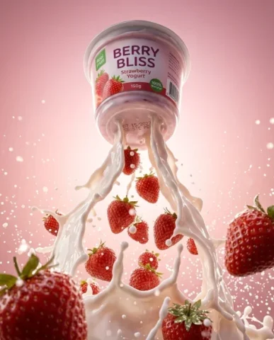 Ultra-Realistic Yogurt Product Photography with Splash 5 — Nano Banana AI Prompt: Ultra-realistic commercial product photography of a strawberry yogurt cup as a c...