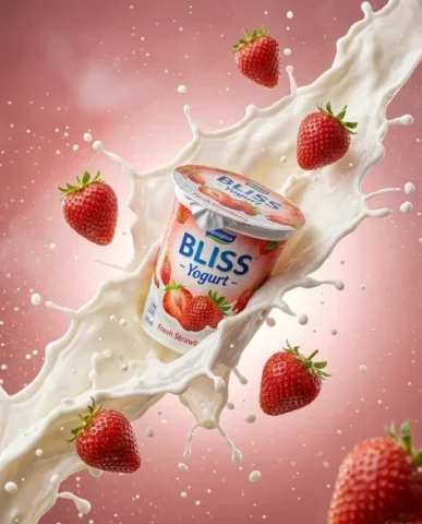 Ultra-Realistic Yogurt Product Photography with Splash 7 — Nano Banana AI Prompt: Ultra-realistic extreme macro product photography of a single fresh strawberry p...