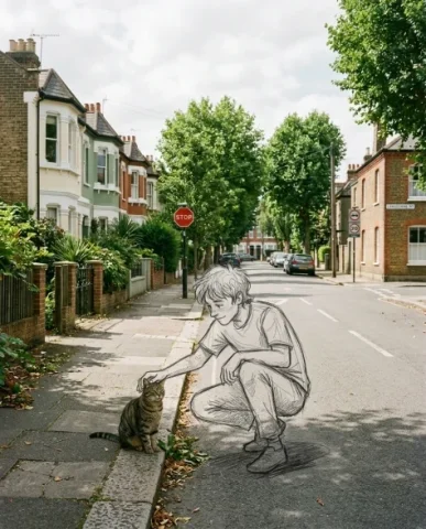 Realistic Photo with Hand-Drawn Sketch Character Overlay 1 — Nano Banana AI Prompt: The scene captures houses lined along the street featuring painted facades and s...