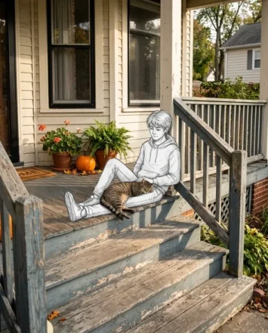 Realistic Photo with Hand-Drawn Sketch Character Overlay 2 — Nano Banana AI Prompt: The house facade with its painted siding and window frames is sharply rendered....