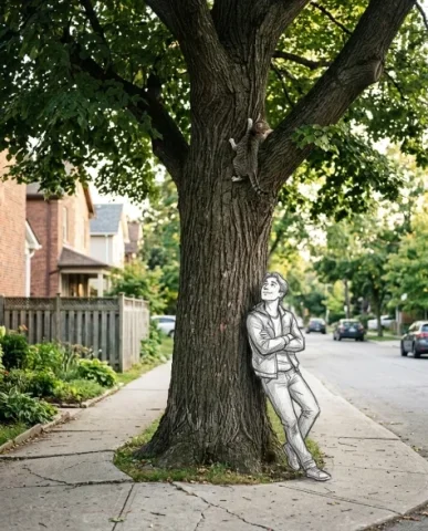 Realistic Photo with Hand-Drawn Sketch Character Overlay 5 — Nano Banana AI Prompt: The sketch character watches the cat with an implied expression of amusement, he...