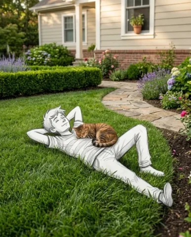 Realistic Photo with Hand-Drawn Sketch Character Overlay 6 — Nano Banana AI Prompt: The residential house facade is visible in the background with its painted sidin...