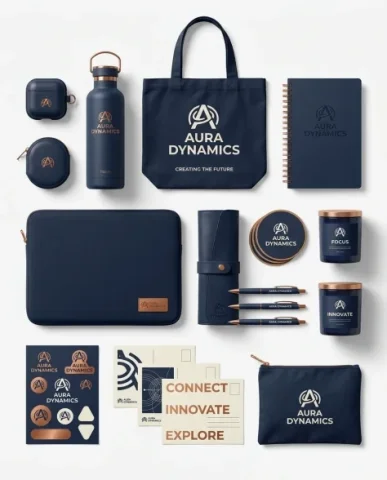 Premium Branded Merchandise Capsule Collection 1 — Nano Banana AI Prompt: Every item uses the brand's signature color palette of deep midnight navy, warm...