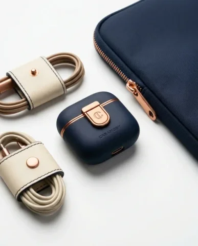 Premium Branded Merchandise Capsule Collection 2 — Nano Banana AI Prompt: Close-up product photography of the tech accessories cluster from a creative tec...