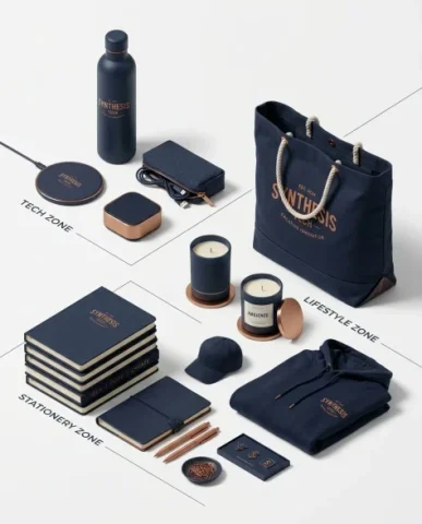 Premium Branded Merchandise Capsule Collection 7 — Nano Banana AI Prompt: The slight angle transforms the flat-lay into a dimensional display where the he...