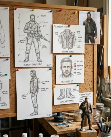 Artisan Workshop Collectible Figurine Display 6 — Nano Banana AI Prompt: Multiple character design sketches are pinned at various angles with colored pus...
