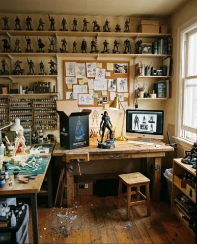 Artisan Workshop Collectible Figurine Display 7 — Nano Banana AI Prompt: The workshop is a warm creative space — the weathered wooden workbench dominates...