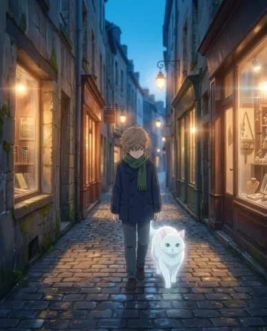Anime Cinematic Scene in European Cobblestone Alley 1 — Nano Banana AI Prompt: An anime cinematic scene in the atmospheric style of acclaimed Japanese animatio...