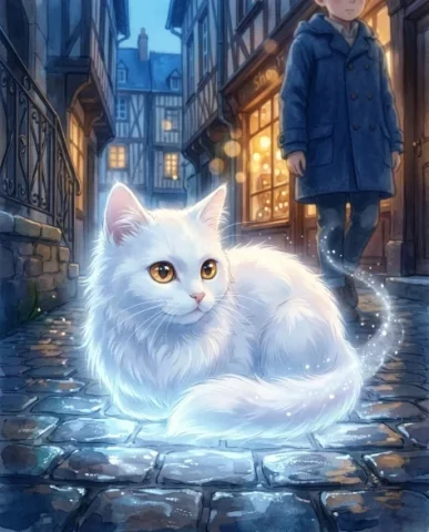 Anime Cinematic Scene in European Cobblestone Alley 2 — Nano Banana AI Prompt: An anime close-up of a white fluffy spirit cat sitting on wet cobblestones in a...