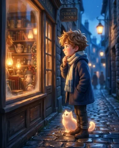 Anime Cinematic Scene in European Cobblestone Alley 3 — Nano Banana AI Prompt: An anime cinematic scene of the young boy with messy light brown hair pausing at...