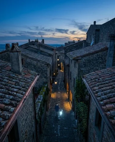 Anime Cinematic Scene in European Cobblestone Alley 4 — Nano Banana AI Prompt: European cobblestone alley from a high rooftop perspective. The alley stretches...
