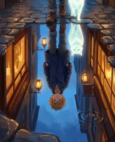 Anime Cinematic Scene in European Cobblestone Alley 6 — Nano Banana AI Prompt: An anime cinematic shot looking down at a large rain puddle on the cobblestones...