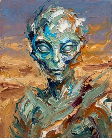 Surreal Alien Figure in Energetic Painterly Style 2 — Nano Banana AI Prompt: The alien face is suggested through concentrated layers of thick impasto paint —...