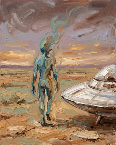Surreal Alien Figure in Energetic Painterly Style 5 — Nano Banana AI Prompt: The figure grows more abstract with each step into the heat shimmer, dissolving...