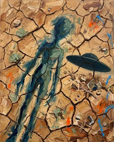 Surreal Alien Figure in Energetic Painterly Style 7 — Nano Banana AI Prompt: The windswept sand catches the last horizontal amber light along its ridges. The...