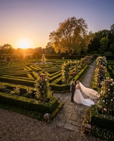 Cinematic Wedding First Look Moment 1 — Nano Banana AI Prompt: The golden hour sun is low on the horizon at the left side of the frame, casting...