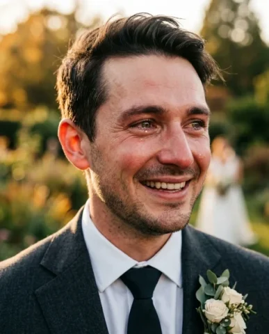 Cinematic Wedding First Look Moment 4 — Nano Banana AI Prompt: His charcoal suit and her ivory gown create a tonal contrast — dark and light un...