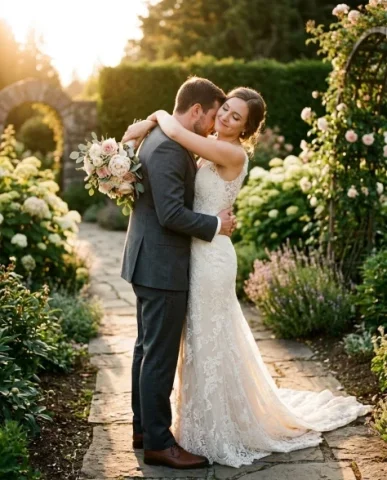 Cinematic Wedding First Look Moment 5 — Nano Banana AI Prompt: The groom's hand gently holds the bride's — his larger hand enveloping hers from...