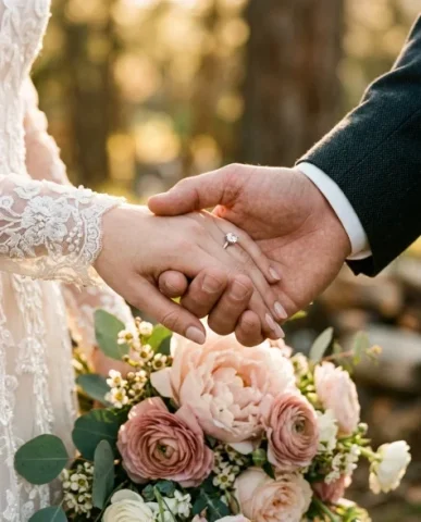 Cinematic Wedding First Look Moment 6 — Nano Banana AI Prompt: Their backs face the camera — the groom's charcoal wool suit and the bride's flo...